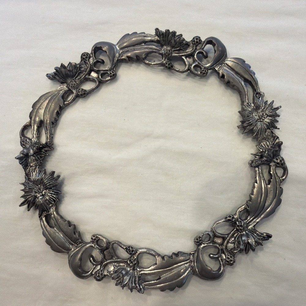 Vintage Metal Candle Wreath Candle Ring Floral Scrollwork Silver Tone
